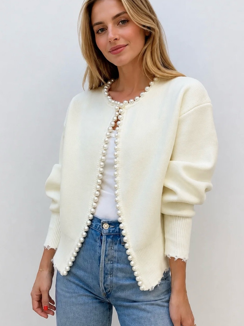 Commense Pearl Trim Ripped Hem Cardigan size L